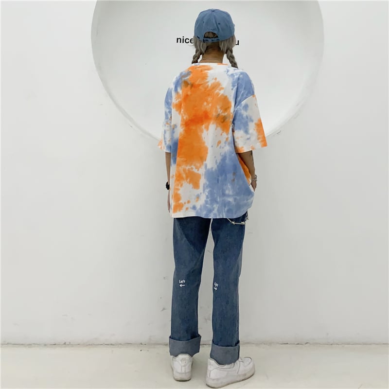 Cute Tie Dyed Hip Hop Casual Punk Goth Loose Oversized Short Sleeve Shirt Tee T-shirt E-Girl Kawaii Korean Japanese Harajuku Chinese Retro Streetwear