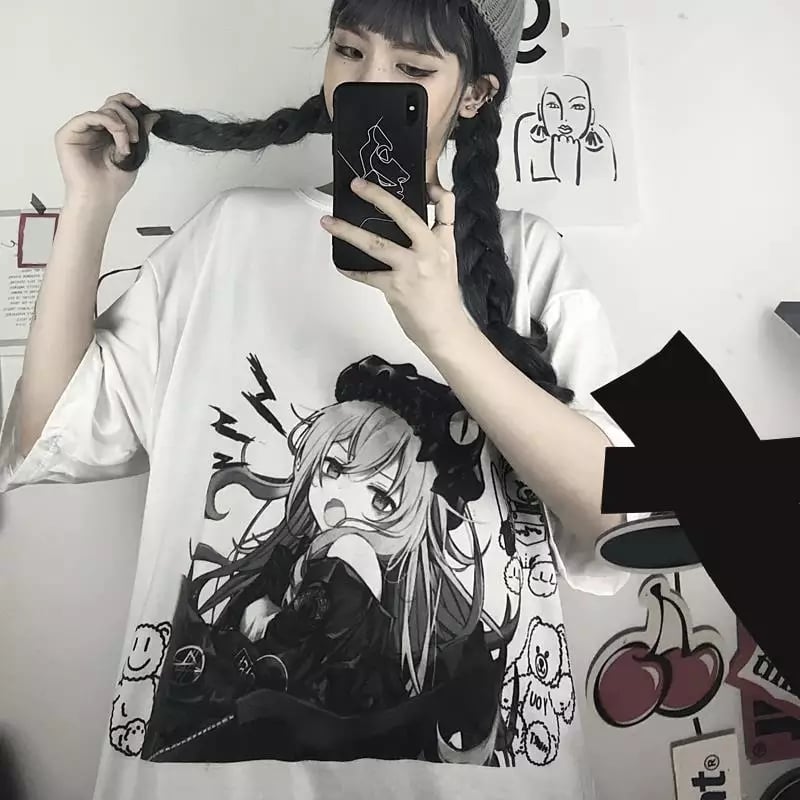 Cute White Anime Girl Graphic Print Loose Short Sleeve Shirt Goth Punk Aesthetic Casual E-Girl Kawaii Korean Japanese Harajuku