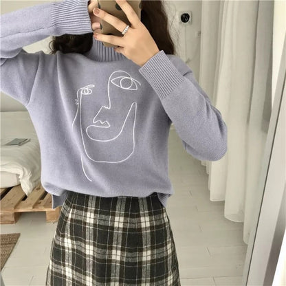 Cute Geometric Face Knit Turtleneck Oversized Sweater Long Sleeve Shirt Pullover Sweatshirt E-Girl Kawaii Korean Japanese Harajuku Retro Streetwear