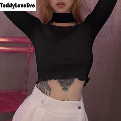 Cute Pink Strapless Ruffle Crop Top Causal Slim Long Sleeve Shirt T-shirt Top Tee E-Girl Kawaii Korean Japanese Harajuku Streetwear