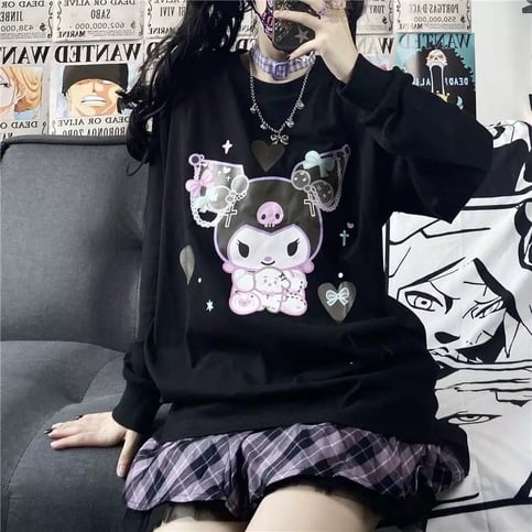 Cute Black Japanese Anime Cartoon Print Loose Oversize Long Sleeve T-shirt