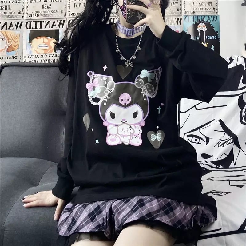 Cute Black Japanese Anime Cartoon Print Loose Oversize Long Sleeve T-shirt