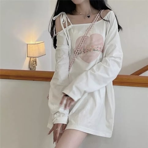 Sweet Japanese Anime Off Shoulder Lace Up Long Sleeve Shirt