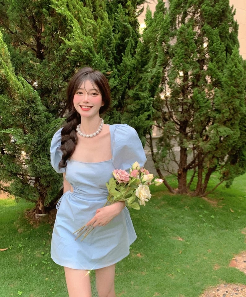 Cute Blue French Square Neck Puff Sleeve Backless Bandage Mini Dress Summer Aesthetic Casual E-Girl Kawaii Korean Japanese Harajuku