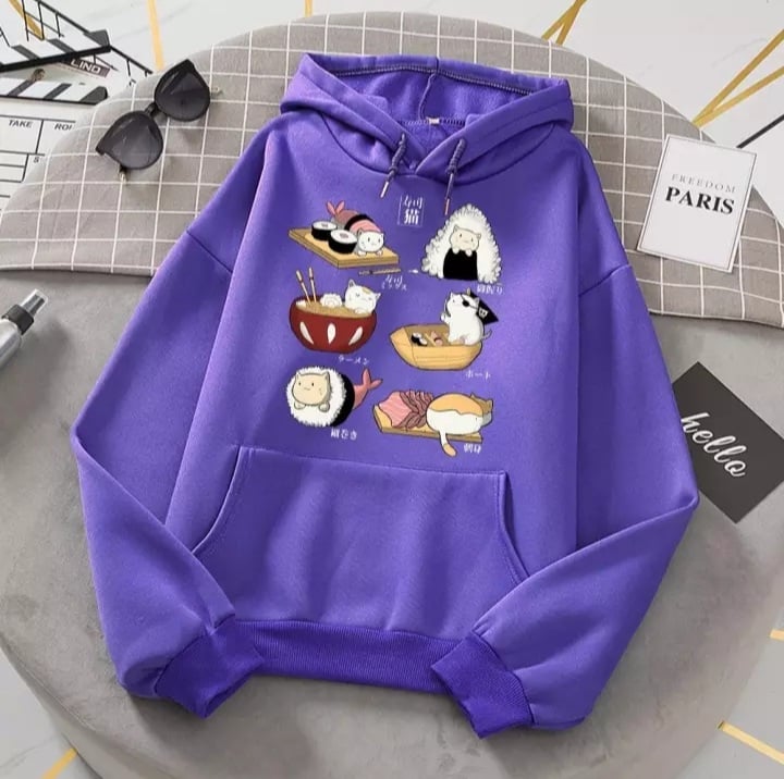 Cute Cat Sushi Cartoon Print Oversized Hoodie Fleece Sweatshirt Pullover Aesthetic Casual E-Girl Kawaii Korean Japanese Harajuku