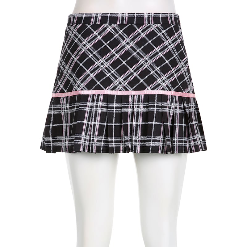 Pink Plaid Stripe Pleated High Waist Mini Skirt