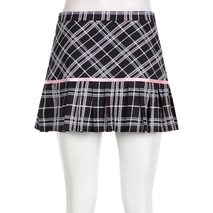 Pink Plaid Stripe Pleated High Waist Mini Skirt