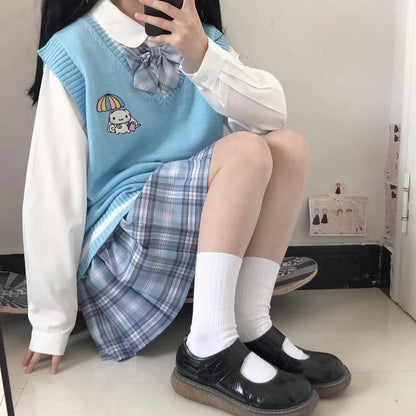 Cute Anime Cartoon Print Knit Vest Sweater Crop Top V Neck Sleeveless Shirt Aesthetic Casual Summer E-Girl Kawaii Korean Japanese Harajuku