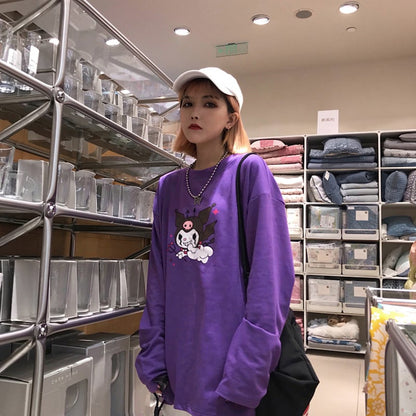 Cute Purple Devil Demon Print Anime Cartoon Casual Oversized Long Sleeve Tee Shirt T-shirt Top E-Girl Kawaii Korean Japanese Harajuku Streetwear