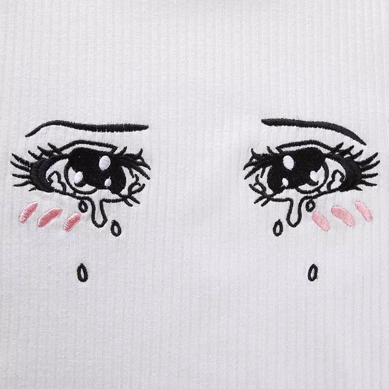Cute Anime Girl Crying Eye Embroidery White Ribbed Crop Top Short Sleeve Shirt T-shirt Summer Casual E-Girl Kawaii Korean Japanese Harajuku Streetwear