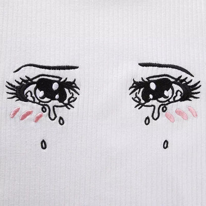 Cute Anime Girl Crying Eye Embroidery White Ribbed Crop Top Short Sleeve Shirt T-shirt Summer Casual E-Girl Kawaii Korean Japanese Harajuku Streetwear