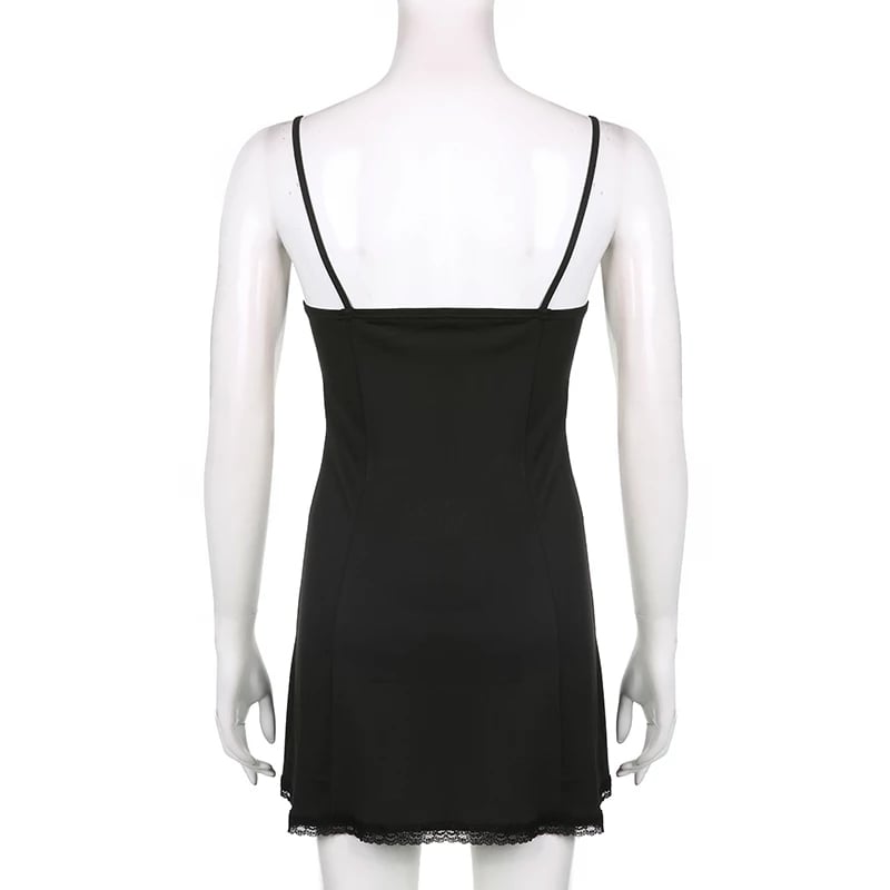 Cute Sexy Black Lace Bow Patchwork Retro Mini Dress Party Club Summer Aesthetic Casual E-Girl Kawaii Korean Japanese Harajuku