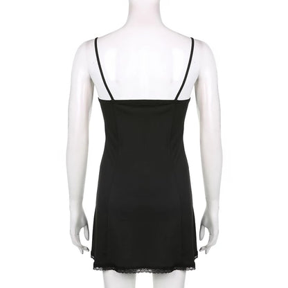 Cute Sexy Black Lace Bow Patchwork Retro Mini Dress Party Club Summer Aesthetic Casual E-Girl Kawaii Korean Japanese Harajuku