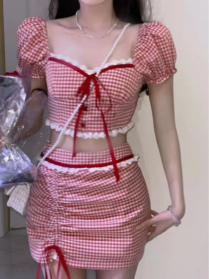 2PCS Red Plaid Crop Top + Mini Skirt