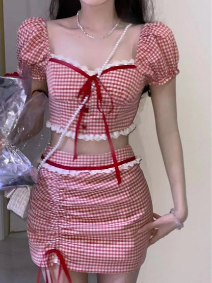 2PCS Red Plaid Crop Top + Mini Skirt