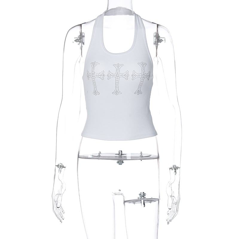 White Cross Rhinestone Halter Top
