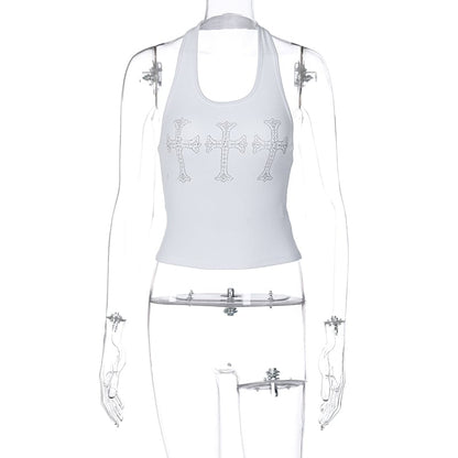 White Cross Rhinestone Halter Top