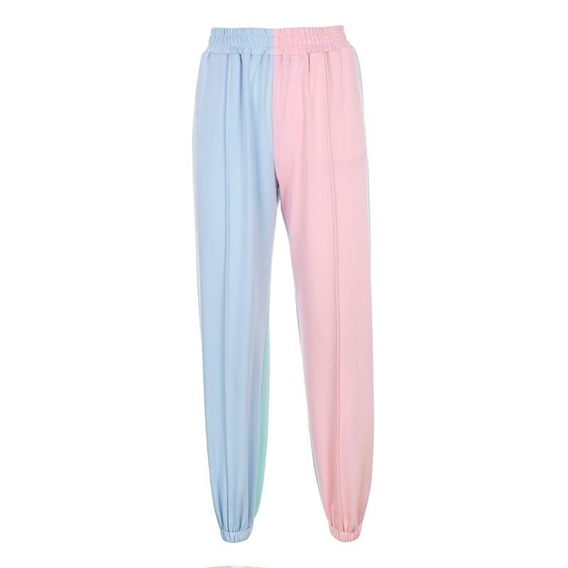 Cute Patchwork Color Contrast Baggy Jogger Pink Blue Sweatpants High Waist Trousers E-Girl Kawaii Korean Japanese Harajuku Retro Streetwear Aesthetic