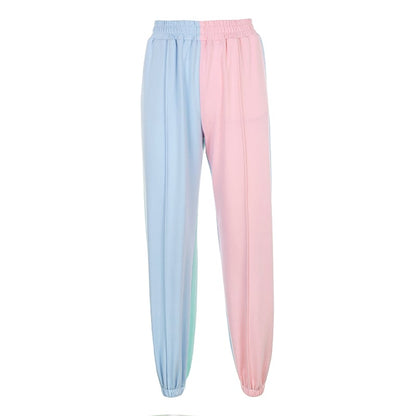 Cute Patchwork Color Contrast Baggy Jogger Pink Blue Sweatpants High Waist Trousers E-Girl Kawaii Korean Japanese Harajuku Retro Streetwear Aesthetic