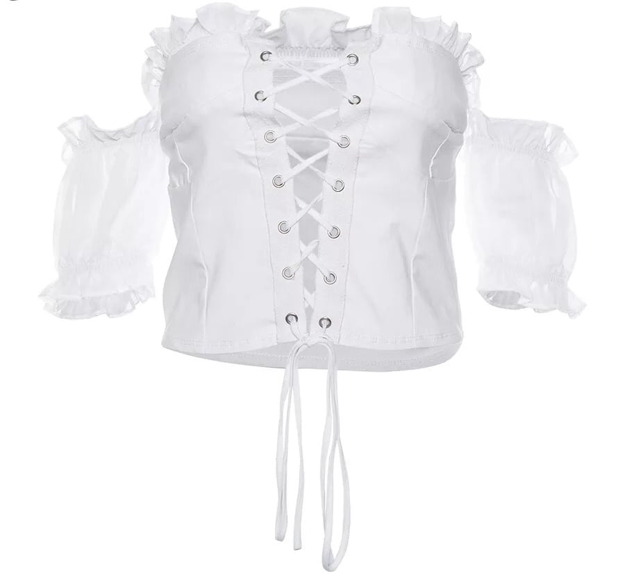 Cute Sexy Lace Up Ruffle Crop Top Short Sleeve Shirt T-shirt Tee Top Kawaii Korean Japanese Harajuku Chinese Retro Streetwear Aesthetic Fashion