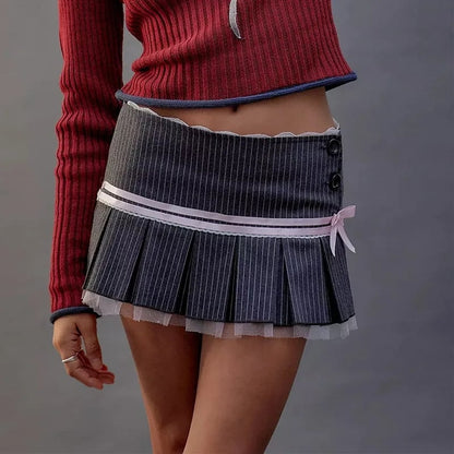Pink Bow Stripe Fold Lace Up High Waist Skirt