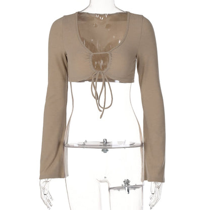 Brown Ruched Bandage Flare Crop Top