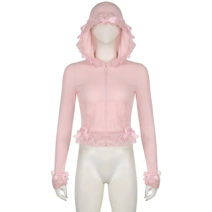 Pink Lace Ruffle Hem Cropped Zipper Hoodie