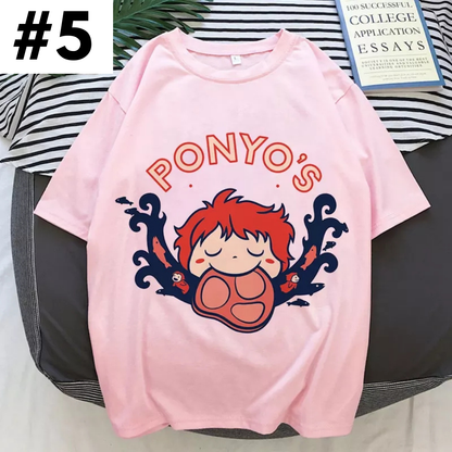 Cute Pink Ponyo Anime Cartoon Print Graphic Short Sleeve Shirt Top Summer Aesthetic Casual E-Girl Kawaii Korean Japanese Harajuku
