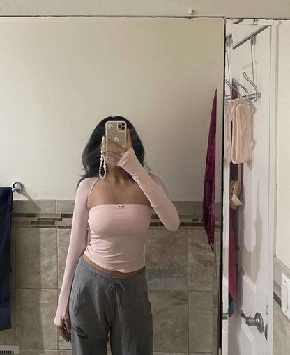 2PCS Pink Tube Top + Long Sleeve Cropped Shawl