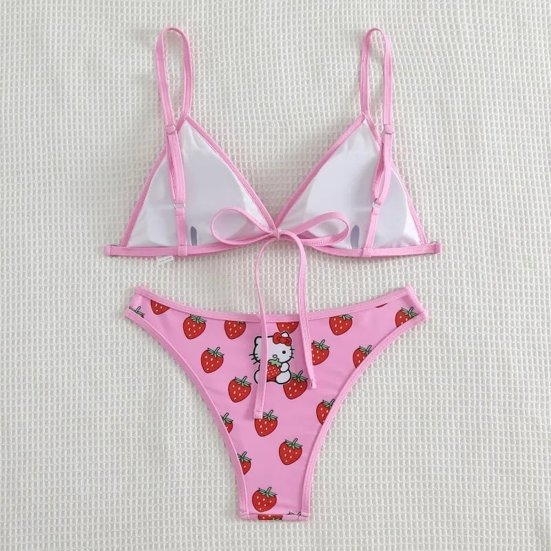2PCS Pink Strawberry Japanese Cat Bikini Set