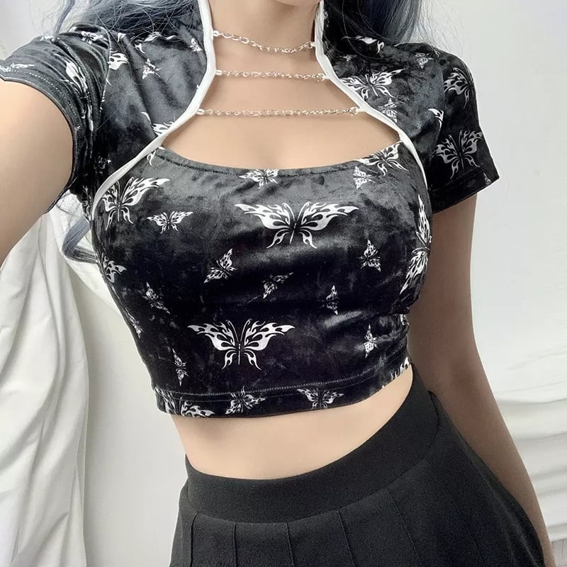 Cute Chinese Style Butterfly Crop Top Short Sleeve Shirt Blouse Summer Aesthetic Casual E-Girl Kawaii Korean Japanese Harajuku