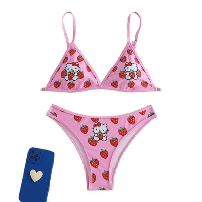 2PCS Pink Strawberry Japanese Cat Bikini Set