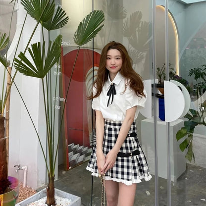 Cute 2pcs Set White Puff Ruffles Sleeve Shirt + Aline Pleated Preppy Mini Skirt Summer Aesthetic Casual E-Girl Kawaii Korean Japanese Harajuku