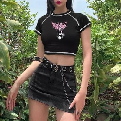 Black Japanese Anime Cartoon Print Crop Top Short Sleeve Shirt T-shirt