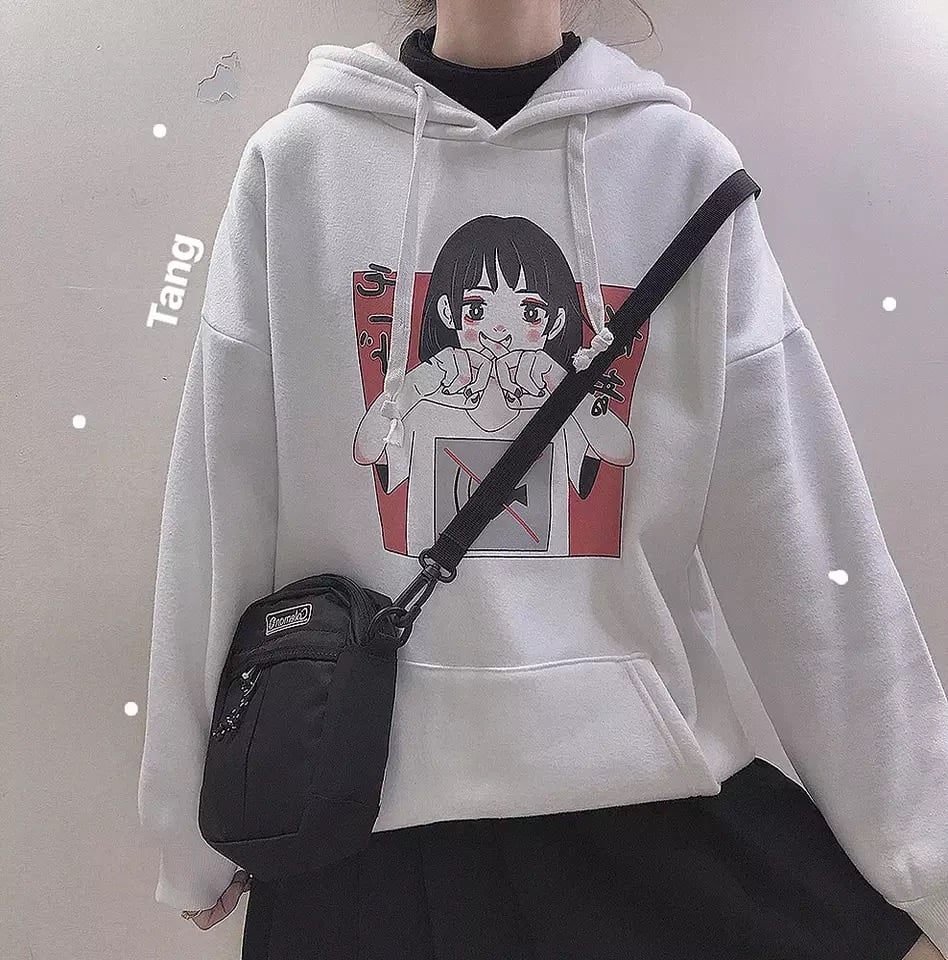 Anime Girl Cartoon Print Graphic White long Sleeve Hoodie Sweater Sweatshirt Pullover Top E-Girl Kawaii Korean Japanese Harajuku Streetwear
