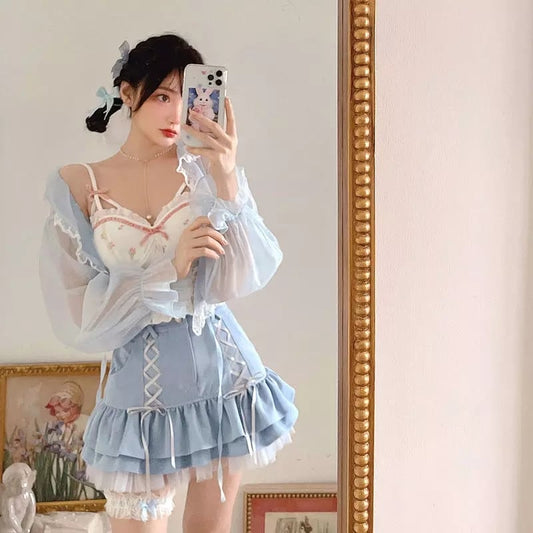 Cute Sexy Blue Lace Ribbon Bow High Waisted Mini Skirt Aesthetic Summer E-Girl Kawaii Korean Japanese Harajuku