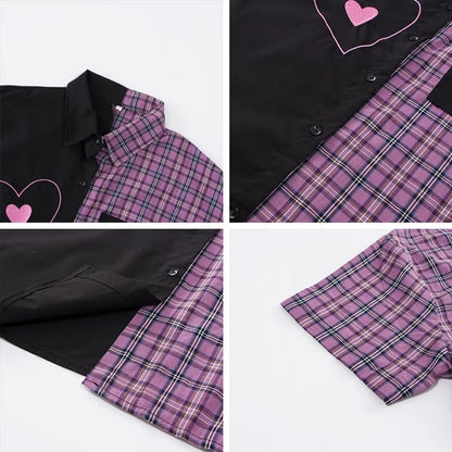 Cute Heart Pocket Plaid Patchwork Vintage Blouse Short Sleeve T- Shirt Top Aesthetic Casual Summer E-Girl Kawaii Korean Japanese Harajuku