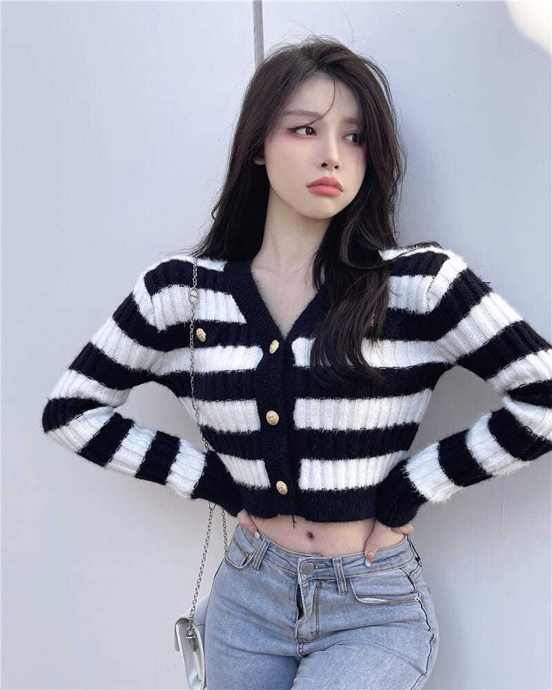 Blue & White Stripe Gold Button Sweater