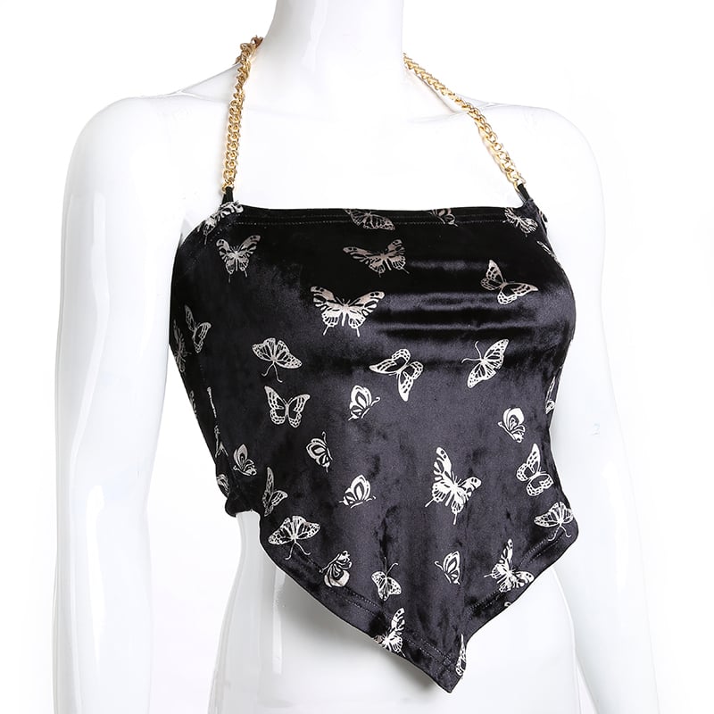 Cute Sexy Butterfly Chain Velvet Halter Tank Cami Crop Top Shirt Tee T-shirt E-Girl Kawaii Korean Japanese Harajuku Chinese Retro Streetwear Aesthetic