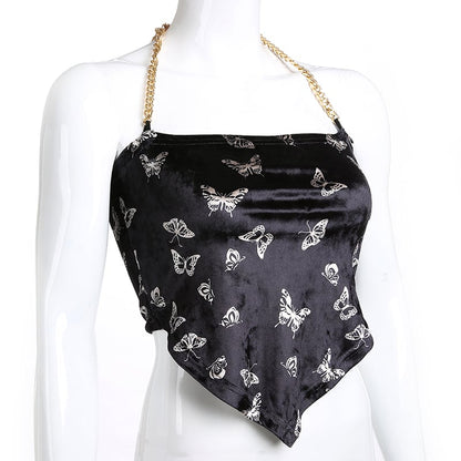 Cute Sexy Butterfly Chain Velvet Halter Tank Cami Crop Top Shirt Tee T-shirt E-Girl Kawaii Korean Japanese Harajuku Chinese Retro Streetwear Aesthetic