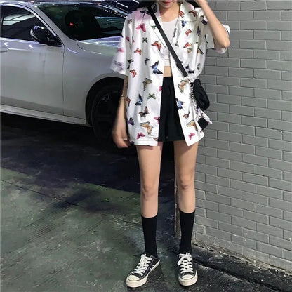 Cute Vintage White Butterfly Print Button Up Pocket Blouse Short Sleeve Shirt Top Loose Aesthetic E-Girl Kawaii Korean Japanese Harajuku Streetwear