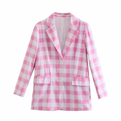Cute 2pcs Set Vinatge Pink Plaid Blazer + High Waist Mini Skirt Suit Summer Aesthetic Casual E-Girl Kawaii Korean Japanese Harajuku