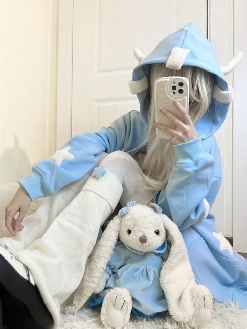 Blue Fairy Wing Horns Zipper Hoodie