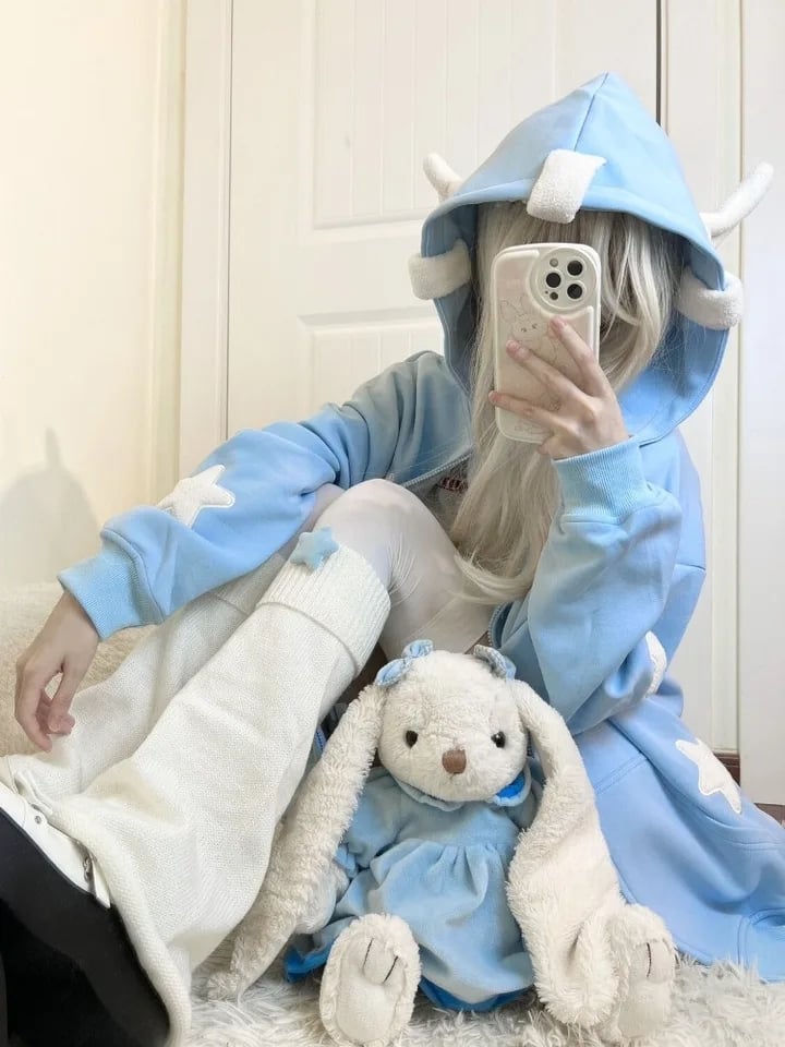 Blue Fairy Wing Horns Zipper Hoodie