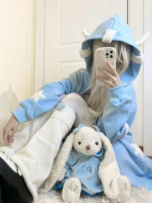 Blue Fairy Wing Horns Zipper Hoodie
