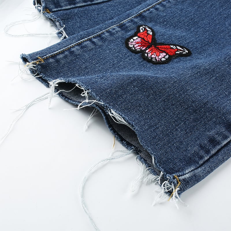 Butterfly Embroidery High Waist Denim Jeans
