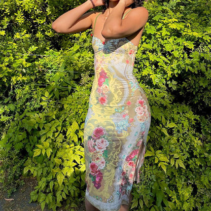 Floral Print Split Sleeveless Midi Dress