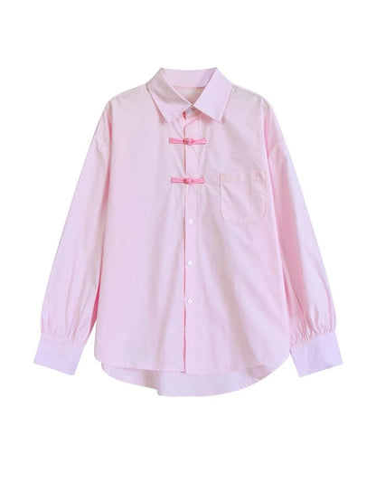 Pink Button Loose Long Sleeve Blouse