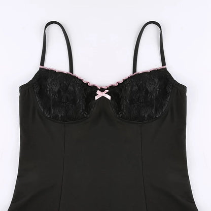 Cute Sexy Black Lace Bow Patchwork Retro Mini Dress Party Club Summer Aesthetic Casual E-Girl Kawaii Korean Japanese Harajuku