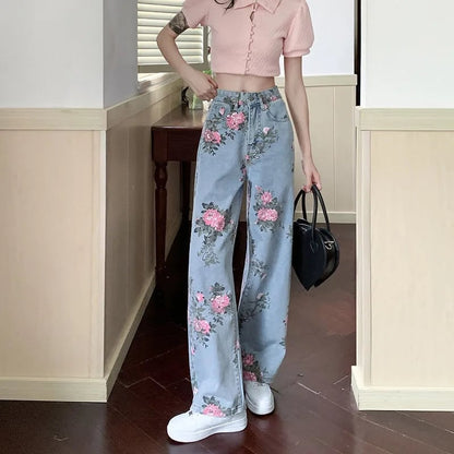 Flower Print Blue Denim Jeans